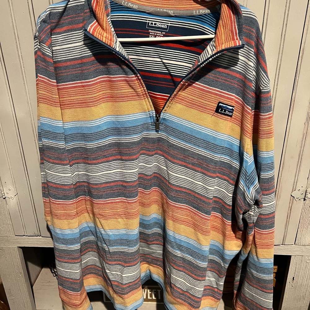 L.L. Bean Men's Striped Half-Zip Pullover in Blue, Yellow, Orange & Gray